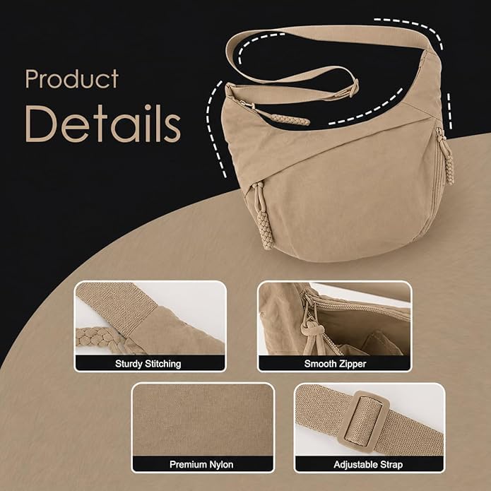 Image of Stvin Crossbody Travel Sling Bags for Women and Men, Crescent Shoulder Purse Bag with Zipper & Adjustable Strap, Half - Moon Shaped Waist Bag, Unisex Chest Bag - Nylon Fabric