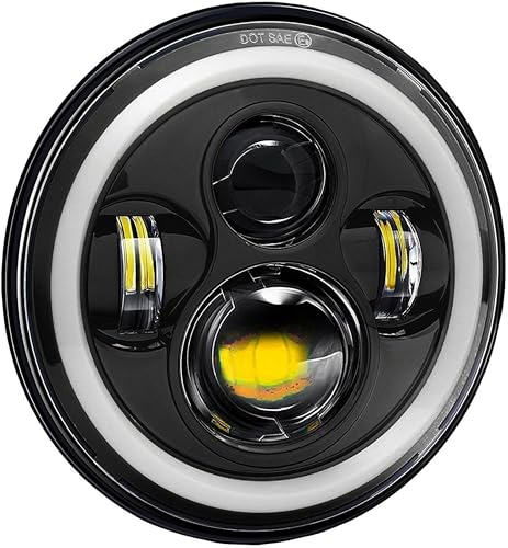 Image of 7 Inch LED Headlight with Full Ring DRL, White & Yellow Hi /Low Beam, Imported Power Headlamp Compatible with Royal Enfield Bullet & Thar, Waterproof and Durable (Pack of 1)