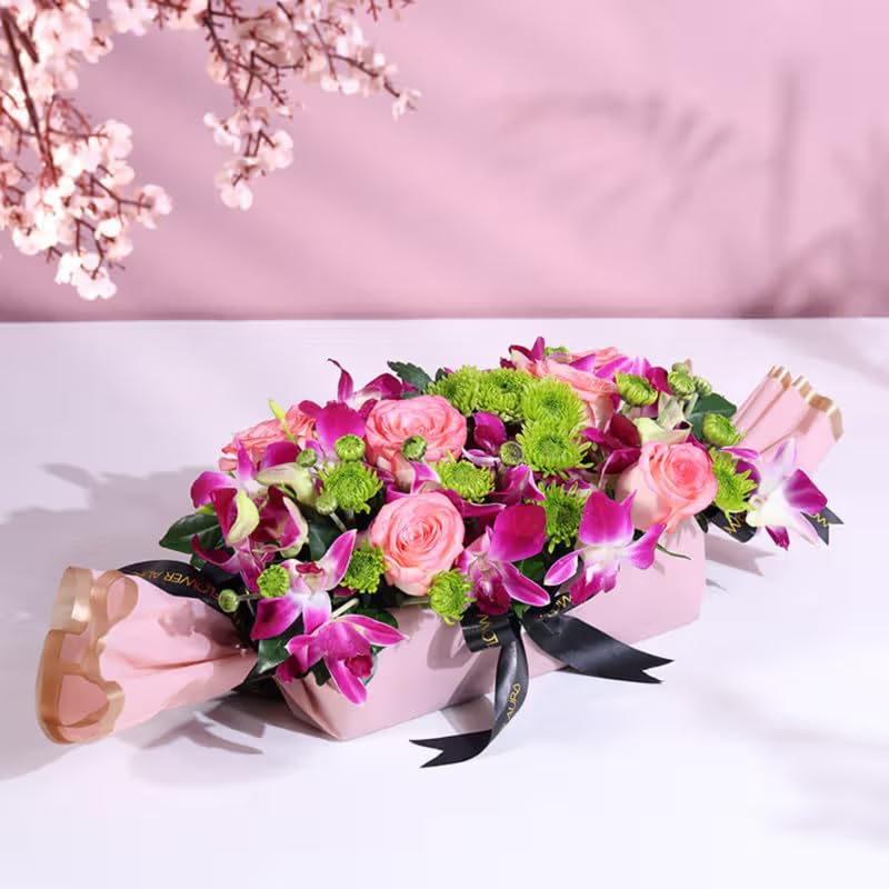 FlowerAura Premium Fresh Live Flower Bouquet of 6 Pink Roses, 3 Daisy & 4 Purple Flowers For Birthday & Anniversary Gift, Mother's Day Gift, Love & Romance Gift, Father's Day Gift (Same Day Delivery)-image-13