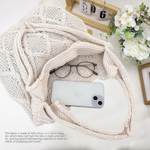 Image of Crochet Tote Bag Beach Mesh Knitted Bag Large Aesthetic Shoulder Bag Handbags Hippie Bag Hollow Hobo Bag for Women (Beige)
