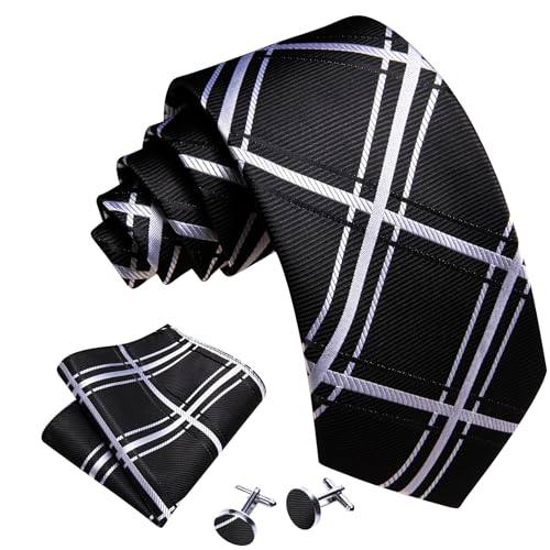 Image of YOHOWA Men Plaid /Striped Ties Set Silk Business Wedding Formal Fashion Necktie and Pocket Square Cufflinks Set