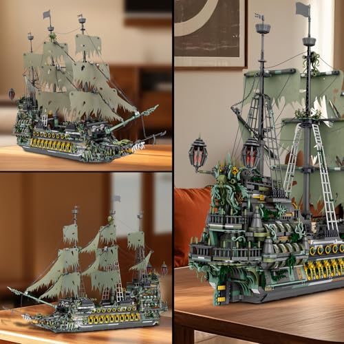 Image of Reobrix Pirate Ship Building Sets, MOC Flying Dutchman Model Toy Boat,Green Ghost Ship Building Blocks Sets 66037,Toy Sets for Adults,Halloween Home Decor Birthday Gifts for Kids 14+(5503 PCS | 66037 Maquette Bateau, Cannons with Shooting Function, 360 Rotating Rudder, Large Sailing Ship, Flying Dutchman, 5865 Pieces