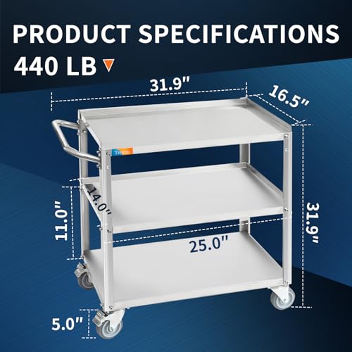 Treshin 3 Tier Stainless Steel Utility Cart Commercial Heavy Duty Rolling Cart Food Storage Service Trolley with Handle and Wheels for Kitchen Restaurant Hospita Lab and Hotel 16.5\"W x 27.6\"L x 31.9\"H - Thumbnail 2