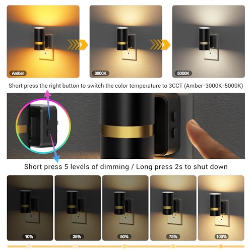 Image of JandCase Night Lights Plug into Wall,2 Pack Amber /3000k /5000K Color Change Night Light with Dusk to Dawn, 3CCT & 10 /25 /50 /75 /100LM Dimmable Plug in LED Nightlight for Bedroom, Hallway, Stairs