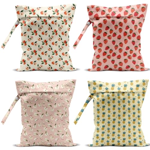 Image of 4 Pack Cute Fruit Wet Bag Waterproof Washable Reusable Wet Dry Bag for Swimsuit Clothes Cloth Diaper Travel Beach Pool Yoga Gym Toiletries Travel Beach Essentials Strawberry Pineapples