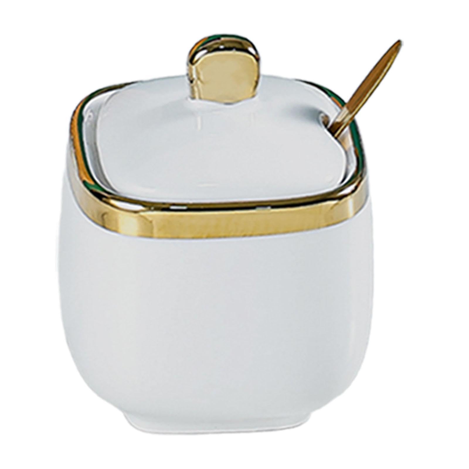 KIXZSAZ Premium Porcelain Sugar Bowl With Lid And Spoon Kitchen Essential Condiment Jar Offering Ample Storage Capacity For Spices Condiment Jar Kitchen, White, Square