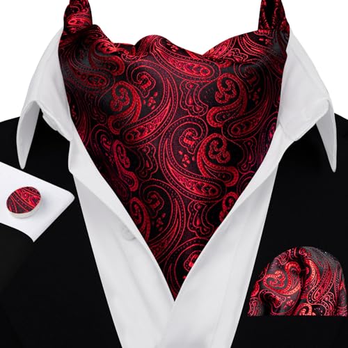 Image of Barry.Wang Ascot Ties Cravat Tie Men Paisley Plaid Scarf Self Tie Pocket Square Cufflinks Set Wedding Party