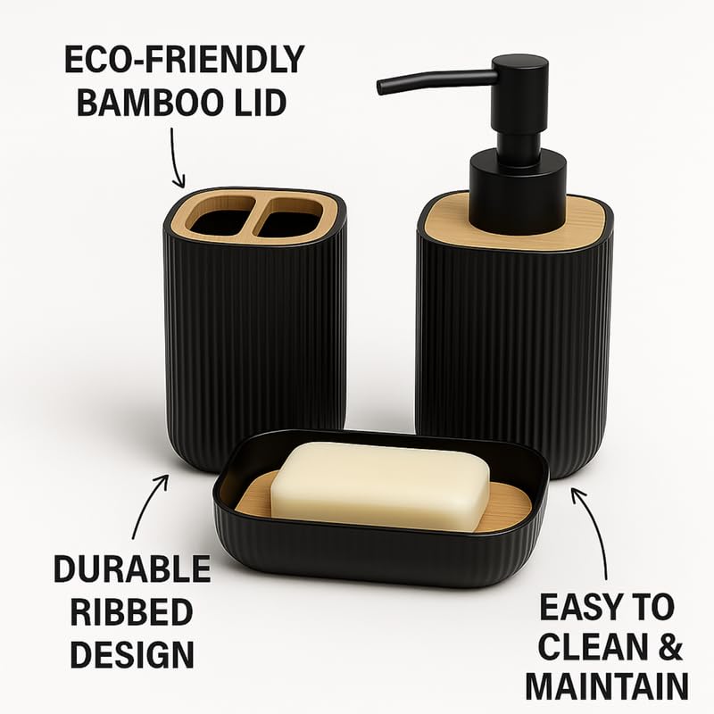 Image of KALLISTO 3Pcs Modern Bathroom Set Storage Organiser | Liquid Dispenser, Toothbrush Holder and Soap Holder for Bathroom | Bathroom Accessories | Handwash Dispenser | Soap Case | Soap Dish (Black)