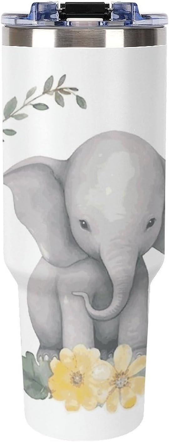 40 Oz Insulated Mug with Handle, Stainless Steel Cute Elephant with Wreath And Little Duck Printed Travel Mug Portable Leak-proof Large Car Mug for Home, Office Or Car