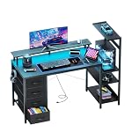 51 Inch Gaming Desk with LED Lights and Power Outlets, Computer Desk with Storage Shelves, Fabric Drawers, Monitor Stand & Side Hook, Reversible Gamer Table for Home Office, Carbon Fiber Black