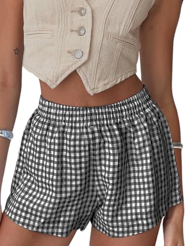 Image of Chunoy Women's Plaid Boxer Shorts Summer Casual Gingham Pajama Bottoms Short with Pockets