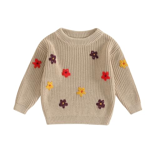 Baby Girl Sweater Fall Winter Outfit 3D Flower Knitwear Long Sleeve Sweatshirt Warm Outfit Infant Toddler Girl Clothes (Khaki Sweater, 9-12 Months)