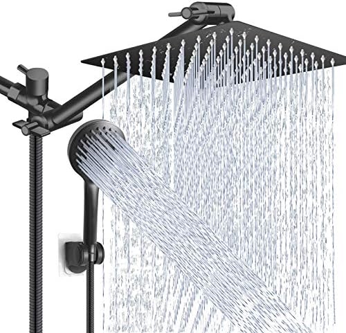 Shower Head Combo,10 Inch High Pressure Rain Shower Head with 11 Inch Adjustable Extension Arm and 5 Settings Handheld Shower Head Combo,Powerful Shower Spray Against Low Pressure Water - Matte Black