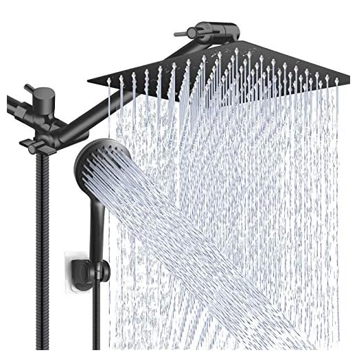 Shower Head Combo,10 Inch High Pressure Rain Shower Head with 11 Inch Adjustable Extension Arm and 5 Settings Handheld Shower Head Combo,Powerful Shower Spray Against Low Pressure Water - Matte Black