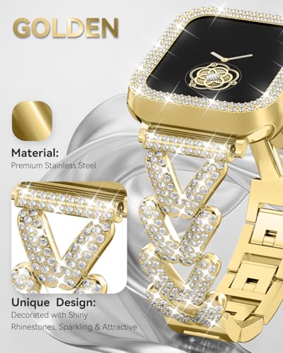 Image of Rhinestones Encrusted Metal Bracelet and Case, Compatible with Apple Watch Bands 38mm-49mm (Series 11 /1 /SE /Ultra 2)- Bling Gold Women's Jewelry Strap, Luxury iWatch Bracelet with Screen Protector