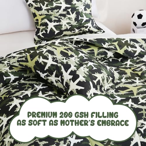 Image of Yibeizi Airplane Comforter Set Boys Full Green Camouflage Bedding