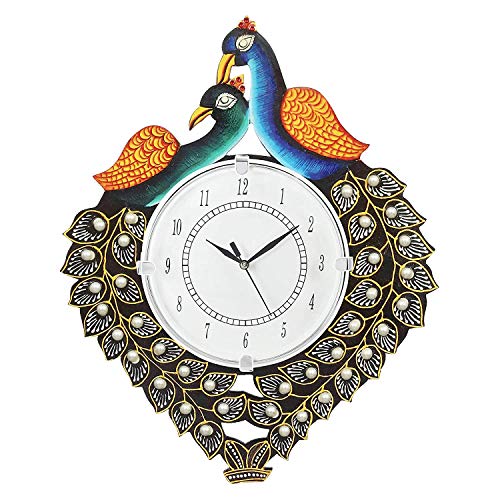 Image of Wooden Peacock Design Wall Clock Antique Round Analog Decorative Clock for Home & Office (13 x 16 Inch)