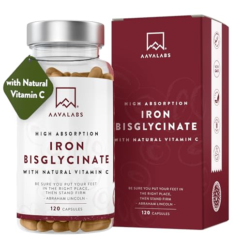 Gentle Iron Supplements for Women and Men - 42 mg Iron Tablets high Strength with Natural Vitamin C - Active Iron bisglycinate - Fatigue Supplements with high bioavailability - 120 Capsules