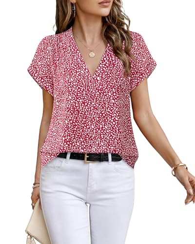 Timeson Womens Business Casual Tops: Dressy Casual Flowy Polyester Lightweight Short Sleeve Blouses for Women Work Commute Summer Office Shirts Wrinkle Free Ladies Formal Attire Fancy Pretty Red L