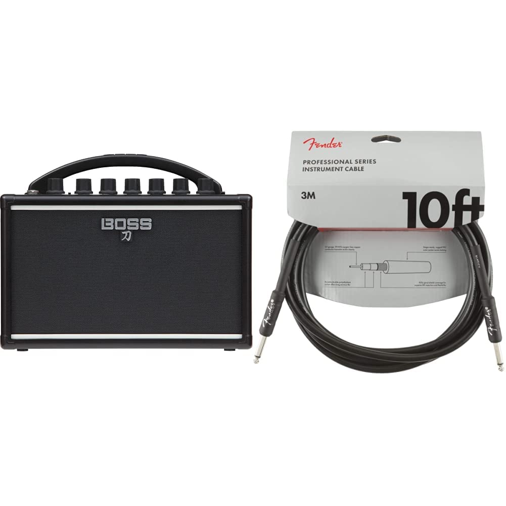Amplificador de Guitarra portátil BOSS KTN-Mini Katana — Un Amplificador Compacto y superportátil a Pilas; Sonido nítido y Redondo + Fender Professional Series Cable de transmisión (3 m), Color Negro