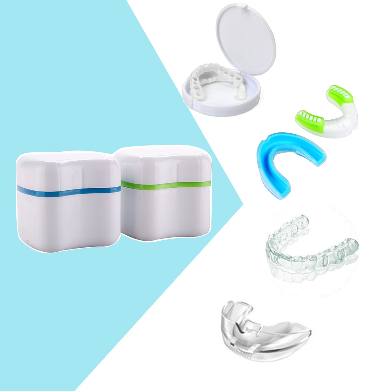 Angzhili 2 Denture Bath Cups with 2 Denture Brush,Denture Case Kit,Plastic Denture Bath Cases,Retainer Cleaning Boxes,Unsealed Dentures Container with Strainer Basket (Blue and Green) : Health & Household