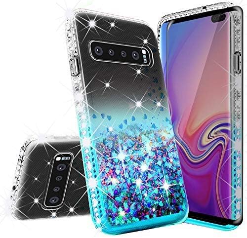Galaxy S10e Case,Liquid Glitter Bling Phone Case Cover w/Tempered Glass Screen Protector Shock Proof Quicksand Cute Protective Girls Women Compatible for Samsung Galaxy S10e Cases - Teal/Clear
