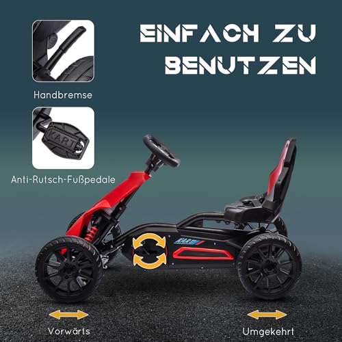 HOMCOM Gokart Tretauto mit Handbremse, verstellbarem Sitz, Vor- und Rückwärtsgang, Tretfahrzeug mit Eva-Räder, Pedal, Kinderfahrzeug Kettcar für Kinder 3-8 Jahren Rot – Bild 5