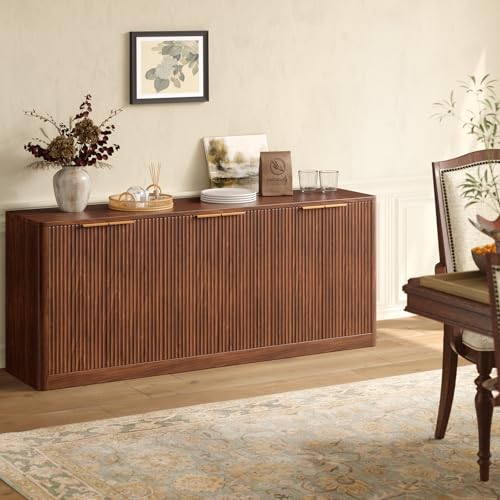 67" Fluted Walnut Buffet Cabinet Sideboard with Storage, Large Cr...