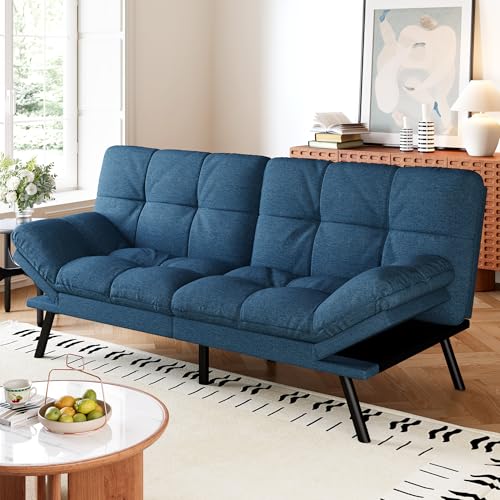 AMICLIBER Convertible Futon Sofa Bed,Blue Linen Modern Futon Couch,Memory Foam Loveseat Sleeper Recliner,Detachable Cushion,Adjustable Backrest & Armrest,Couches for Living Room,Office,Apartment