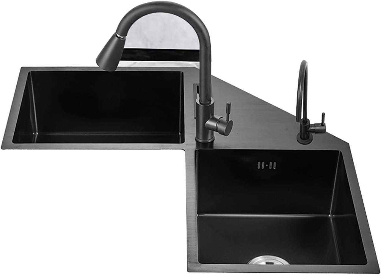 Corner Kitchen Sink, Bar Sink with Pull Down Sprayhead Faucet, Laundry Sink for Home Hotel Cafe Restaurant, Black