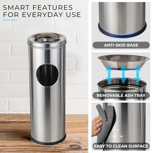 Image of Robustt Stainless Steel Ash Tray Dustbin - 20 L | 23 x 63.5 cm | Dual-Purpose Ash Can with Removable Ashtray & Anti-Skid Base | Corrosion-Resistant Trash Bin for Kitchen, Bathroom & Commercial Use