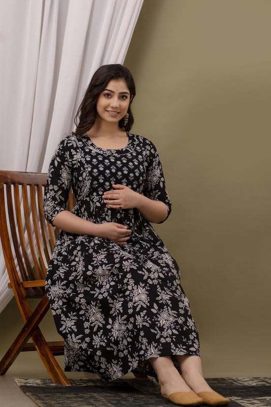 Image of JAIPURFAME Stylish Women's Pure Cotton All Over Printed Kurti Gown, Maternity Dress, and Feeding Dress - Comfortable and Elegant Maternity Wear for Women