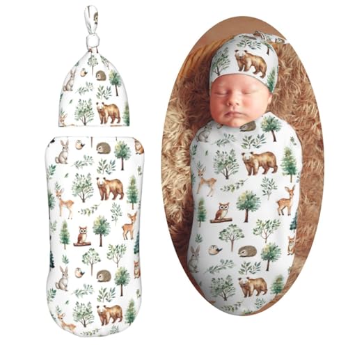 Image of Watercolor Woodland Animal Tree Swaddle Blanket with Beanie Hat Set Newborn Receiving Blankets Baby Swaddle Wrap Soft Swaddle Blankets for Baby Boys and Girls