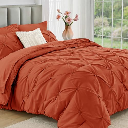 JOLLYVOGUE Queen Comforter Set 7 Pieces - Bed in a Bag Queen for All Season, Pintuck Bedding Comforter Sets with Comforter, Flat Sheet, Fitted Sheet and Pillowcases & Shams, Burnt Orange