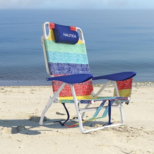 Nautica Five Position Beach Chair with Padded Pillow and Cup Holders
