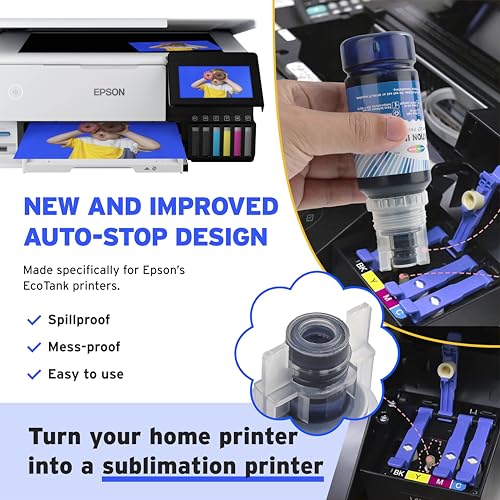 Image of Printers Jack 600ML Sublimation Ink for ET-8550 ET-8500 Wide-Format Supertank Printers Heat Press Transfer on T-Shirt (6x100ML, 6 Colors-BK PB CM Y GY) Bigger Bottles with More Ink Auto Fill the Tanks