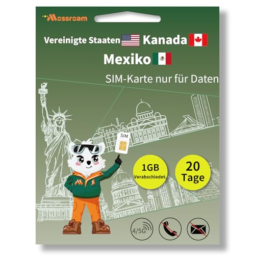 Nordamerika-Daten-SIM-Karte für Reisen – USA, Kanada und Mexiko, 1 GB 4/5G, tägliches LTE-Hochgeschwindigkeitsdatenvolumen für 20 Tage