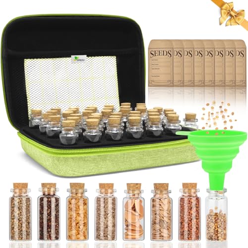 Image of 40 Slots Seed Storage Organizer with 20 Seed Envelopes, Sturdy Organizer Storage Box with Label Stickers, Glass Container for Flower Vegetable Garden Seed Saving (Seeds not Included)