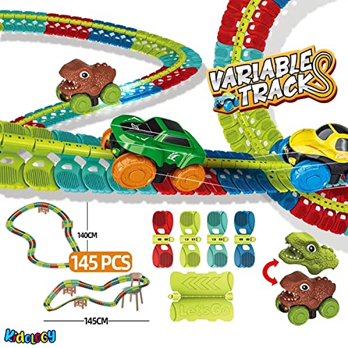 Image of Kidology Dinosaur Car Race Tracks Toy for Kids | Color-Variable Race Track Toy with Light Flexible Track | Flexible Track Creative Gravity Free Racer Track Sets for Kids, Construction Toy (135 pc)