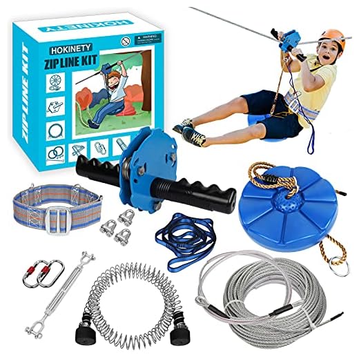 HOKINETY Zip line Kits for Backyard 90FT - Zip Lines for Kid and Adult Up to 330 lb with Ziplines Spring Brake & Belt & Zip line Trolley & Seat for Outdoor Playground Entertainment Equipmen