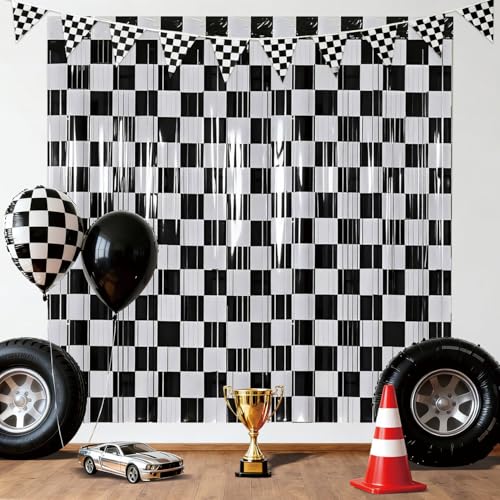2 cortinas de carro de corrida, xadrez, cor preto e branco, cortinas de franjas para decoração de festa de aniversário de carro de corrida, 3,3 x 6,5 pés