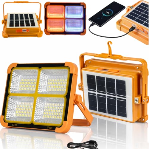 MB Multifunctional Solar Floodlight Rechargeable Portable Outdoor LED Work Light with 5 Lighting Modes Warm & White Light Weatherproof Ideal for Camping Garden Emergency Night Use