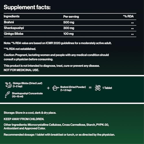 Image of Brahmi 500 mg + Shankhpushpi 300 mg + Ginkgo Biloba 100 mg | Supports Cognitive Health, Focus & Mental Clarity | 60 Vegetarian Tablets