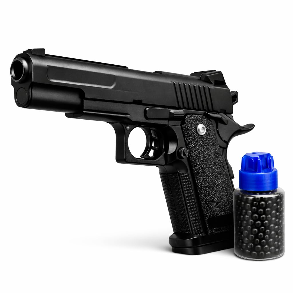 Pistolet Métal – Airsoft à Billes Noir – Taille 23cm &17cm – avec 400 Billes et Distributeur Inclus – Réplique Airsoft Puissance : 0.5 Joules – Tir de Précision – Adulte Unisexe +18 Ans