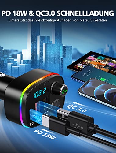 Mohard Bluetooth Auto, QC3.0 i PD 18W USB C FM-Sender, Freisprechanrufe unterstützen, Autoadapter mit 9RGB-Beleuchtung, Google Siri Assistent, USB-Stick