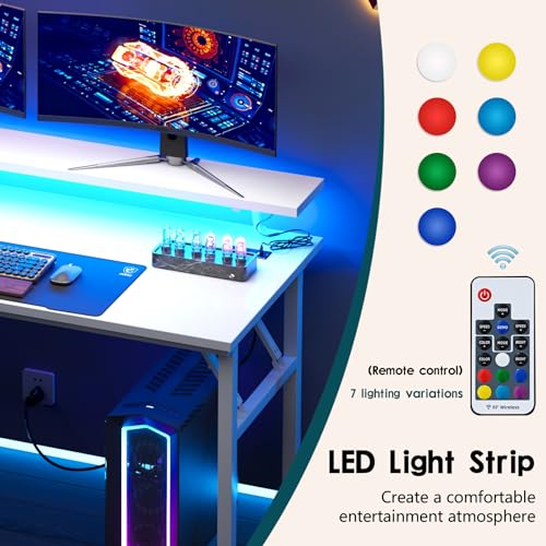 Image of DlandHome 47 inch Computer Desk with Power Outlets & LED Lights, White, Bedroom