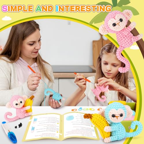 Image of Fortuning's JDS Crochet Kit for Beginners - 2 PCS Monkey with Banana Crochet Kits with Step-by-Step Video Tutorials, Beginner Crochet Kit for Adults, Crochet Monkey Kit (Blue & Pink)