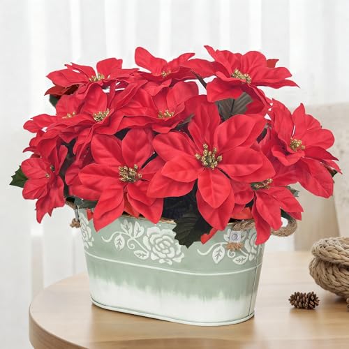 QIMOND Artificial Poinsettia Christmas Centerpiece, Red Faux Flowers Arrangement in