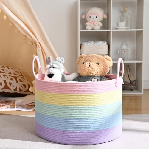 Image of 67L Large Rainbow Blanket Basket, Cotton Rope Baby Laundry Hamper with Handles, Kids Toy Basket for Classroom & Nursery, Soft Round Stuffed Animal Storage, Dog Toy Bin - 20 inchx13 inch, Light Rainbow