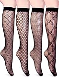 VERO MONTE 4 Pairs Women's Diamond Patterned Fishnet Knee High Socks (Black,S-M)